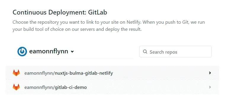 Netlify Create Site - Select Repo option
