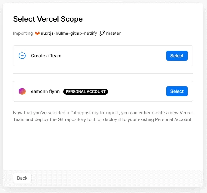 Vercel Choose Team / Personal