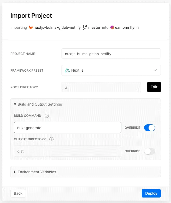 Vercel Import Project details